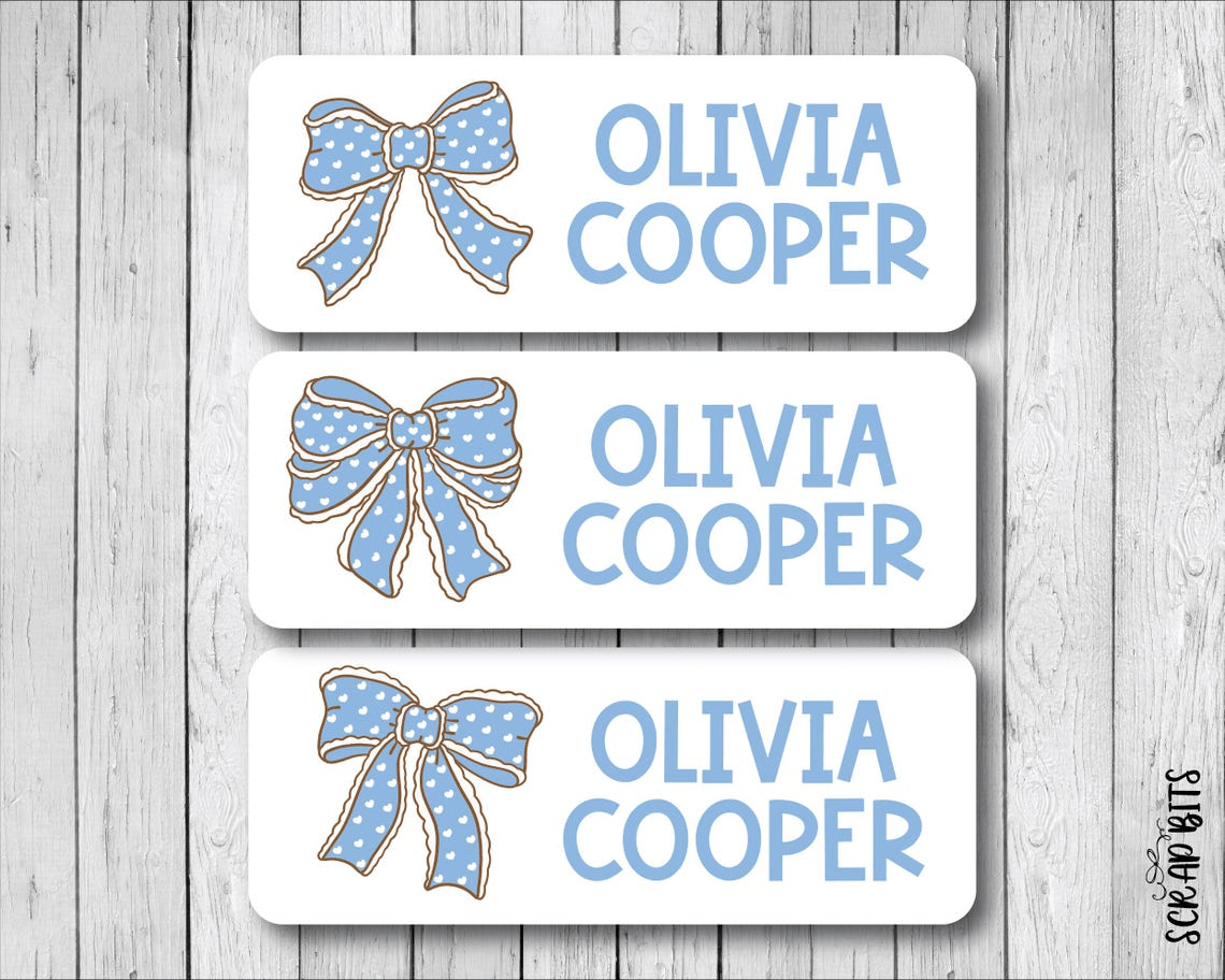 Polka Dot Coquette Blue Bows Name Labels . Personalized Belonging Labels - Scrap Bits