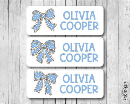 Polka Dot Coquette Blue Bows Name Labels . Personalized Belonging Labels - Scrap Bits