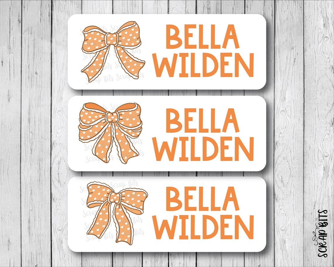 Polka Dot Coquette Orange Bows Name Labels . Personalized Belonging Labels - Scrap Bits