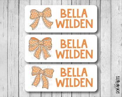 Polka Dot Coquette Orange Bows Name Labels . Personalized Belonging Labels - Scrap Bits