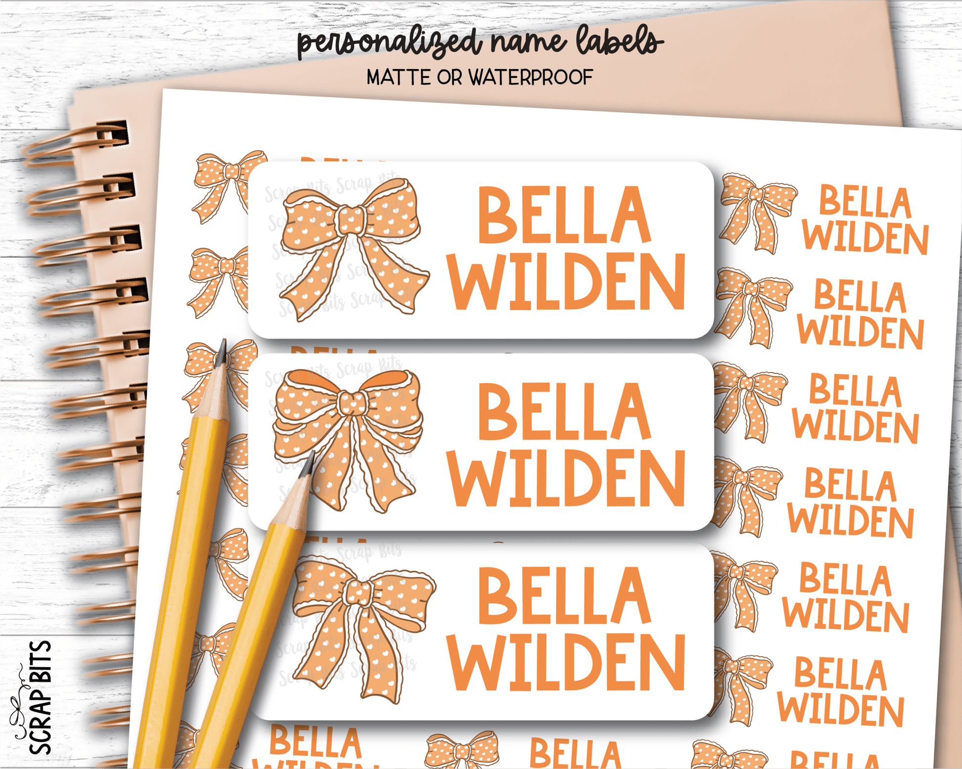 Polka Dot Coquette Orange Bows Name Labels . Personalized Belonging Labels - Scrap Bits