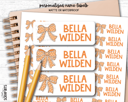 Polka Dot Coquette Orange Bows Name Labels . Personalized Belonging Labels - Scrap Bits