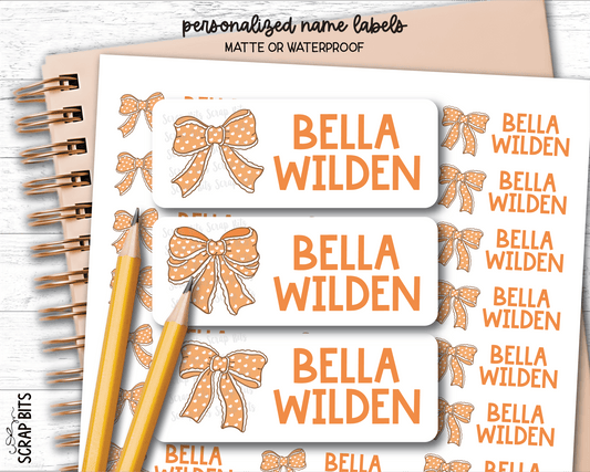 Polka Dot Coquette Orange Bows Name Labels . Personalized Belonging Labels - Scrap Bits