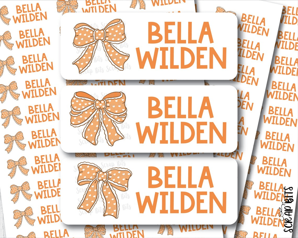 Polka Dot Coquette Orange Bows Name Labels . Personalized Belonging Labels - Scrap Bits
