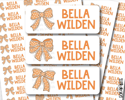 Polka Dot Coquette Orange Bows Name Labels . Personalized Belonging Labels - Scrap Bits