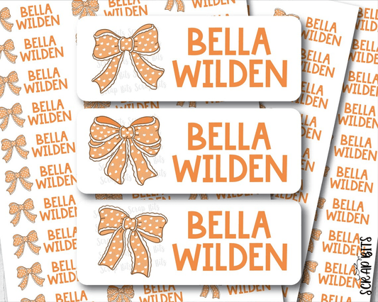 Polka Dot Coquette Orange Bows Name Labels . Personalized Belonging Labels - Scrap Bits