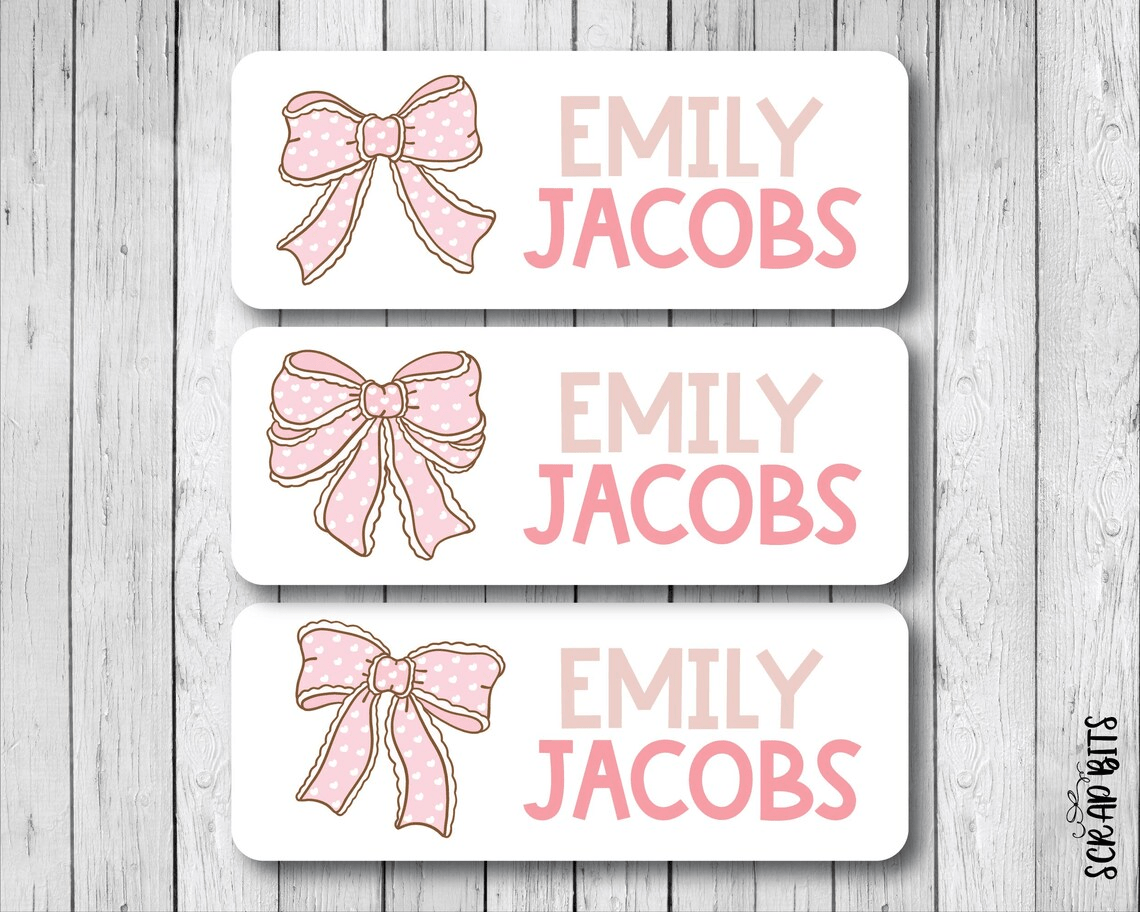 Polka Dot Coquette Pink Bows Name Labels . Personalized Belonging Labels - Scrap Bits