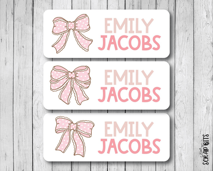 Polka Dot Coquette Pink Bows Name Labels . Personalized Belonging Labels - Scrap Bits