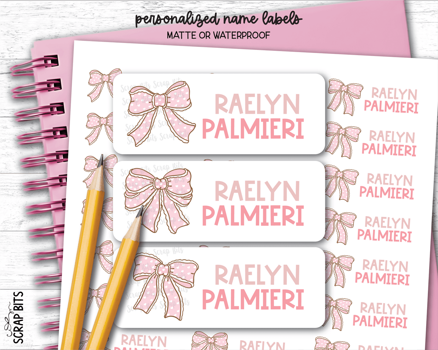 Polka Dot Coquette Pink Bows Name Labels . Personalized Belonging Labels - Scrap Bits