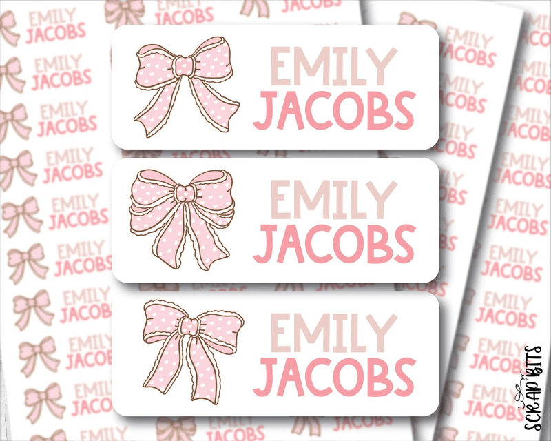 Polka Dot Coquette Pink Bows Name Labels . Personalized Belonging Labels - Scrap Bits