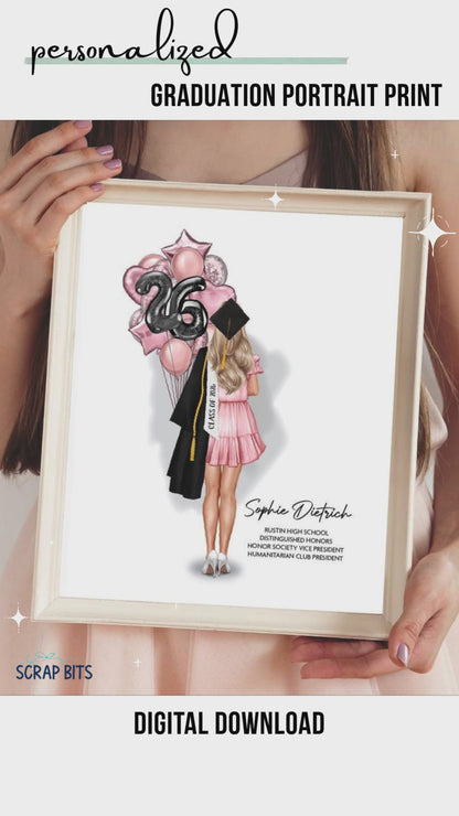 Female Graduation Digital Portrait, Personalized Senior Gift Illustration Print, Off Shoulder Dress