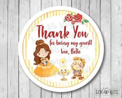 Princess Birthday Favor Labels, Belle + Friends Personalized Stickers or Tags - Scrap Bits