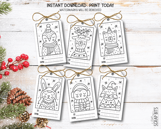 Printable Christmas Coloring To From Gift Tags, Woodland Animals, Instant Download - Scrap Bits