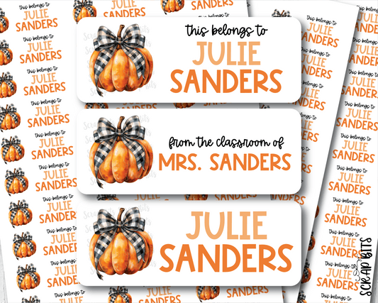 Pumpkin Buffalo Plaid Ribbon Name Labels . Personalized Belonging Labels - Scrap Bits