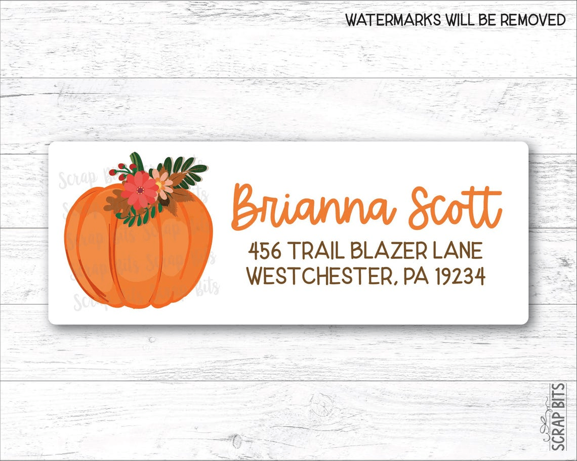 Pumpkin Flowers + Leaves, Fall Return Address Labels - Scrap Bits