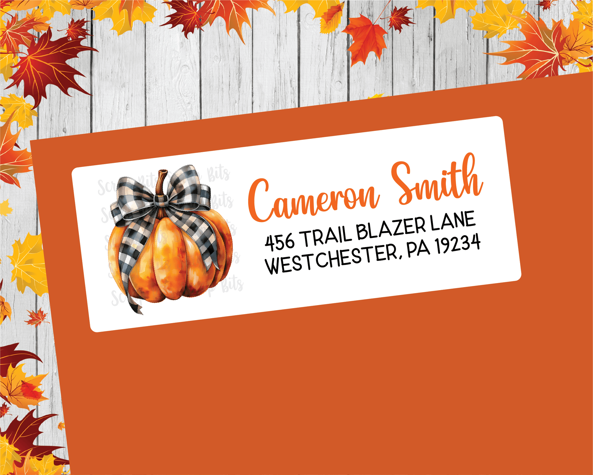 Pumpkin with Buffalo Plaid Ribbon Return Address Labels - Scrap Bits