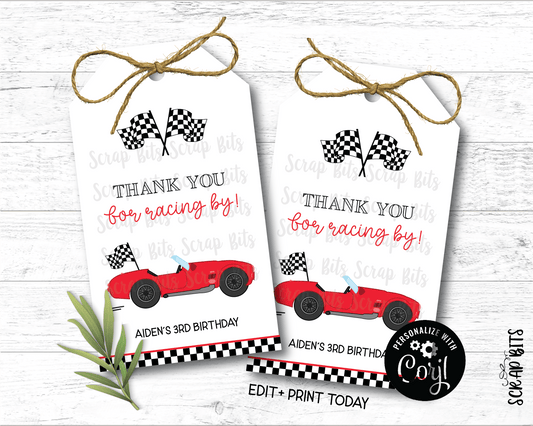 Racing Flags Thanks For Racing By, Printable Birthday Gift Tags . Instant Download Editable Template - Scrap Bits