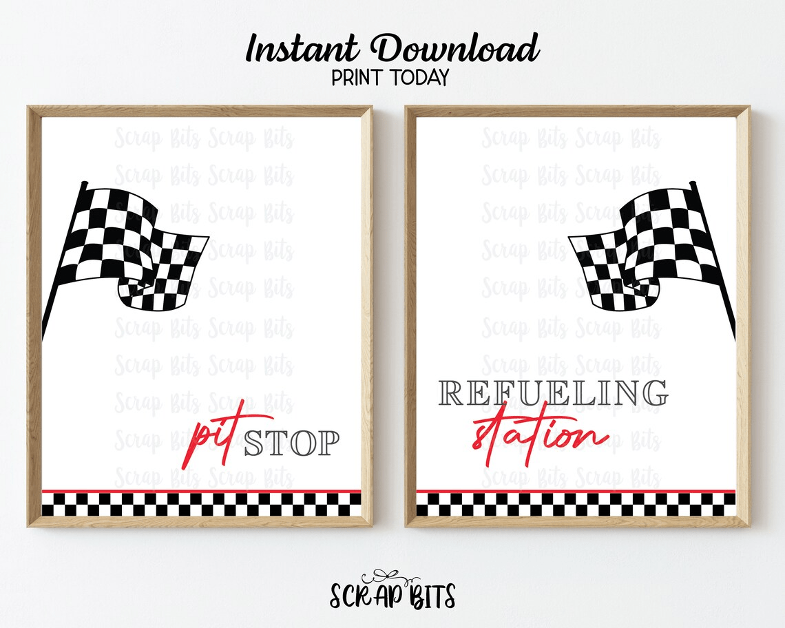 Racing Party Signs, Pit Stop & Refueling Station, Side Racing Flags . Instant Download - Scrap Bits