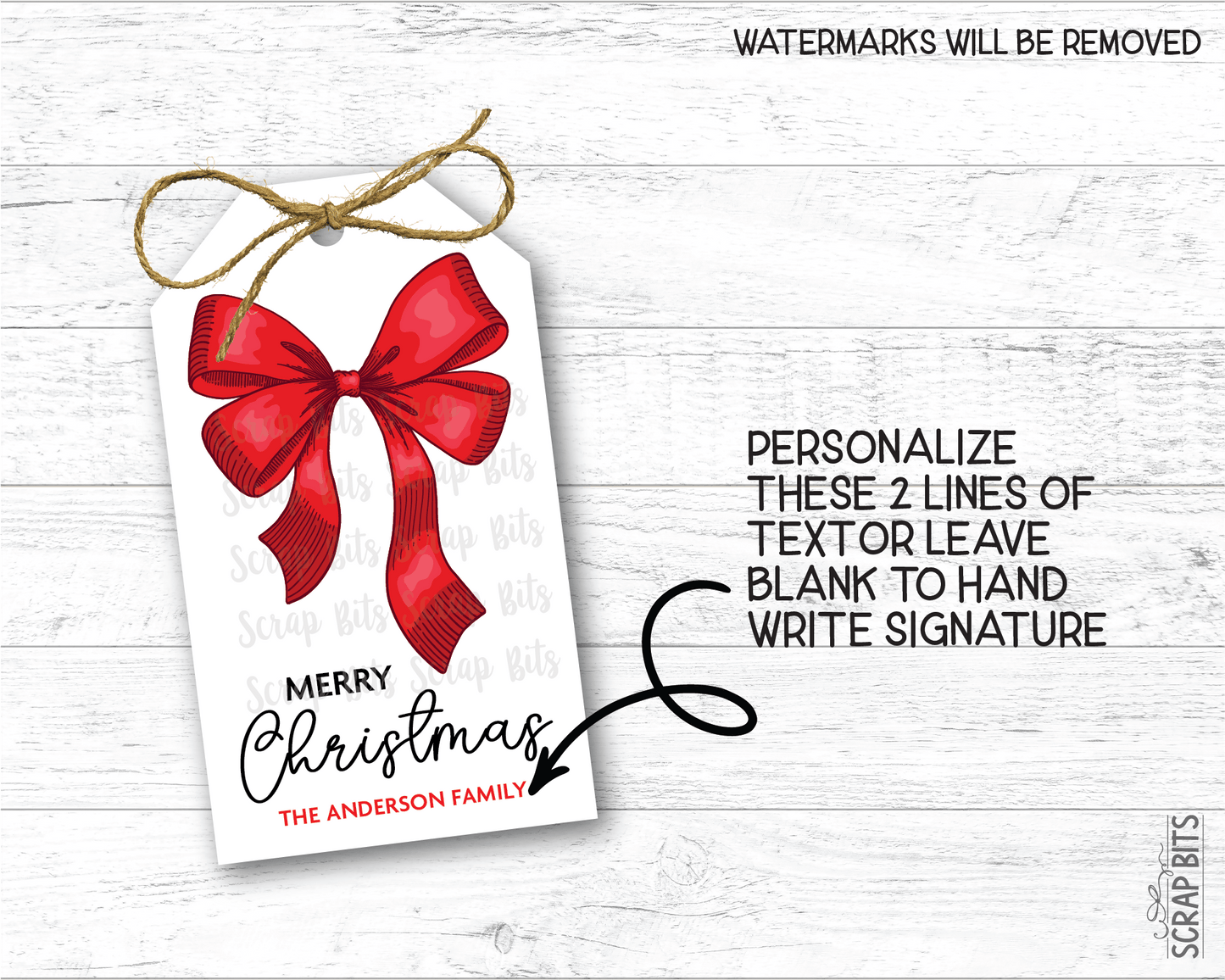 Red Bow Double Loop, Personalied Christmas Gift Tags - Scrap Bits