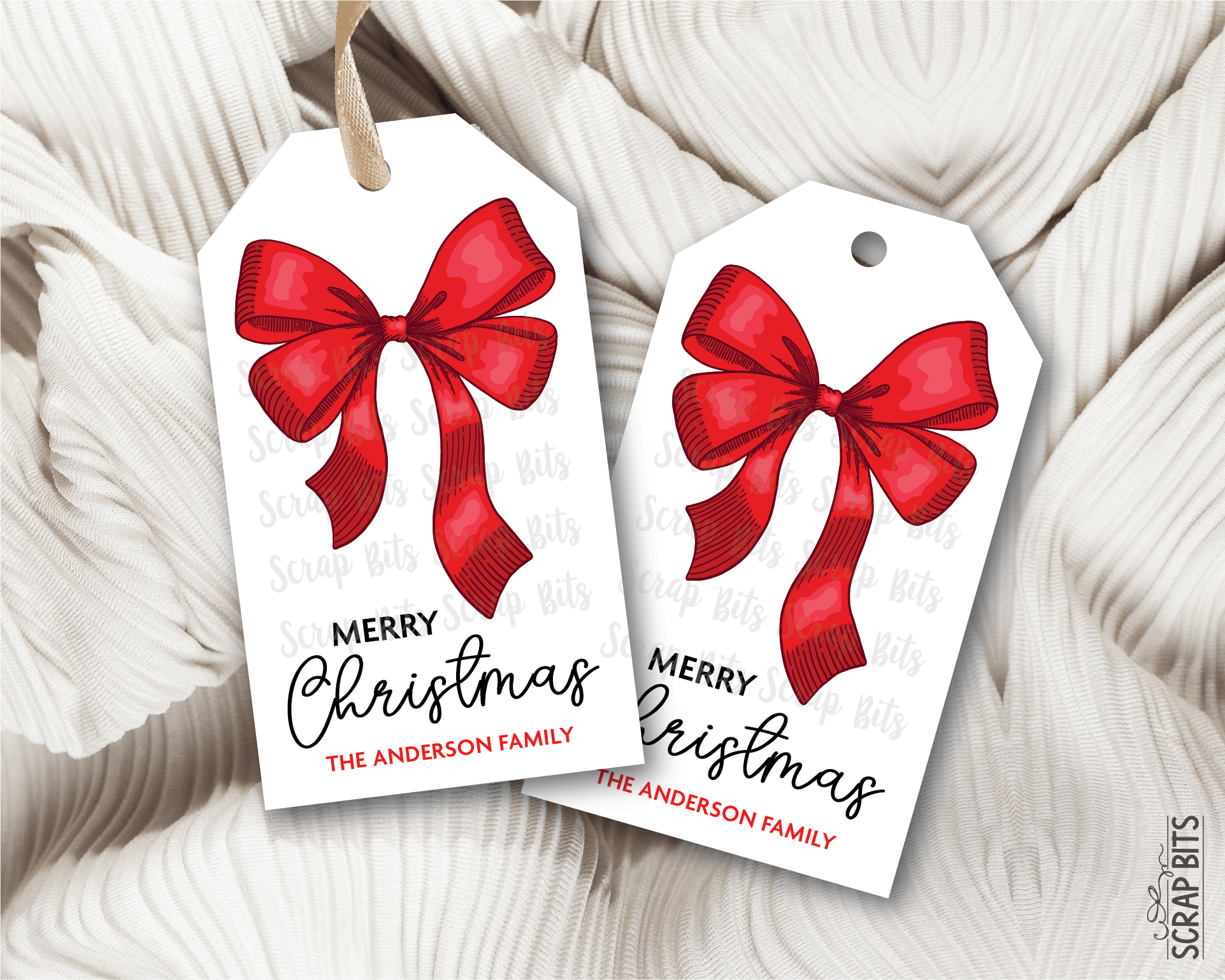 Red Bow Double Loop, Personalied Christmas Gift Tags - Scrap Bits