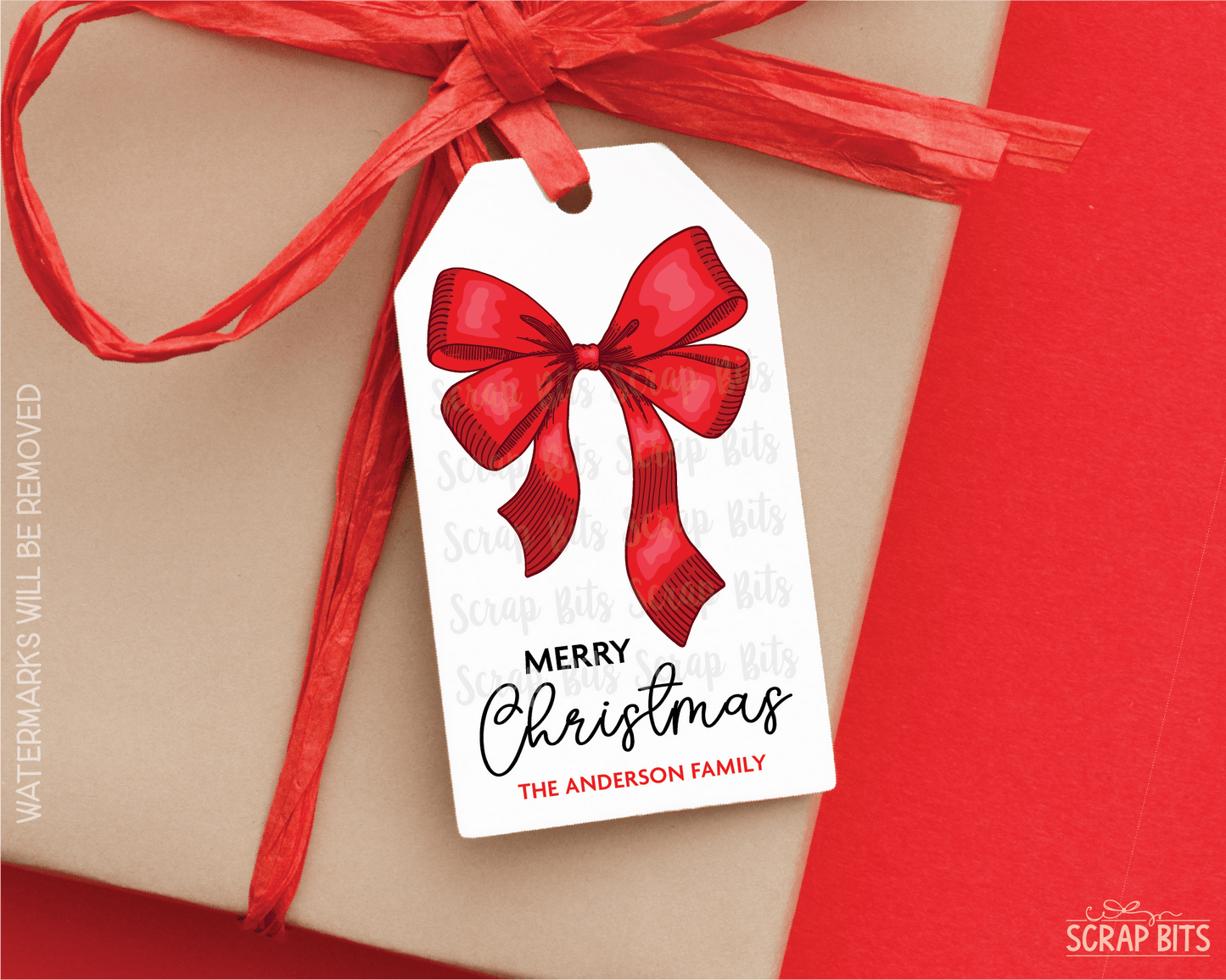 Red Bow Double Loop, Personalied Christmas Gift Tags - Scrap Bits