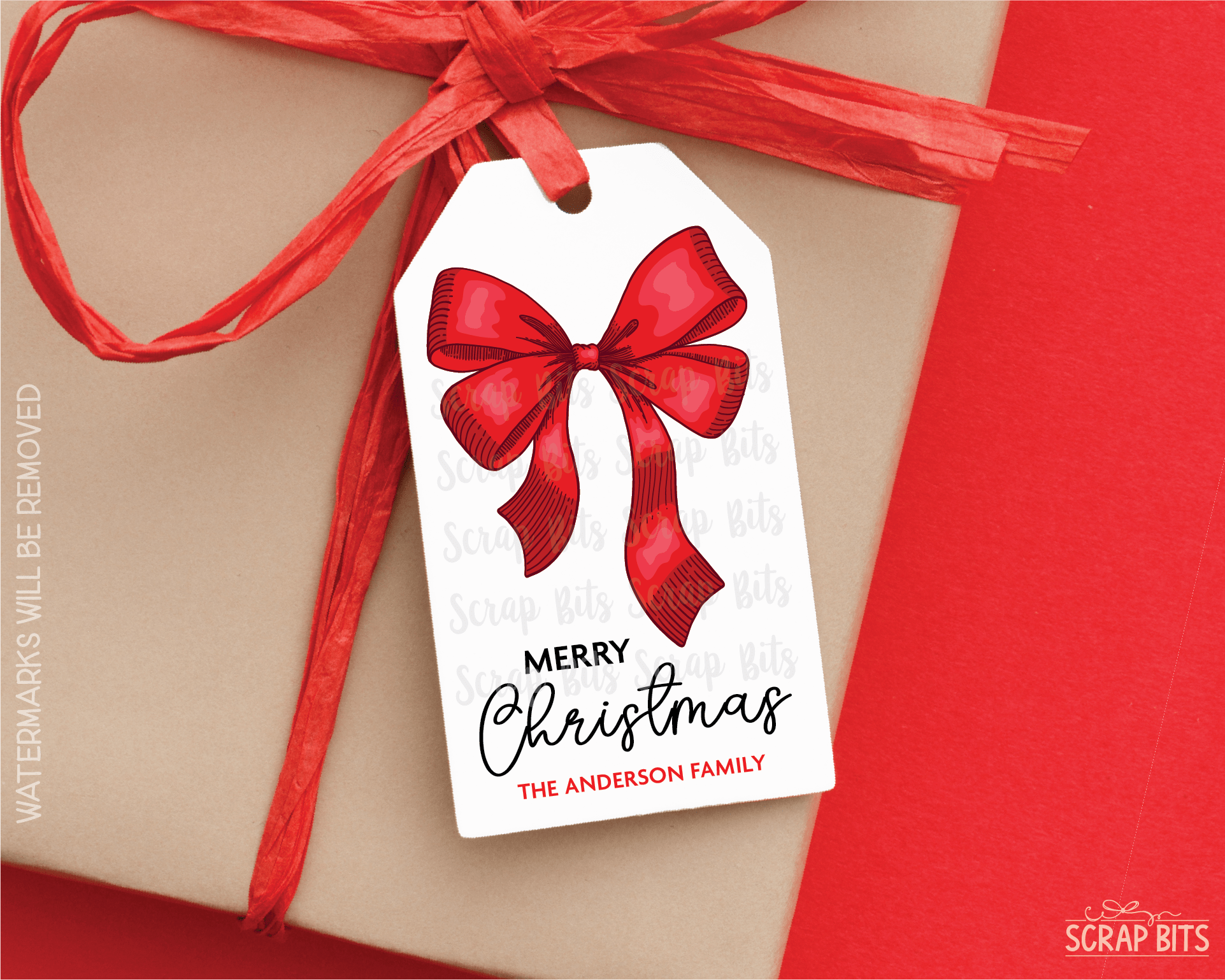 Red Bow Double Loop, Personalied Christmas Gift Tags - Scrap Bits