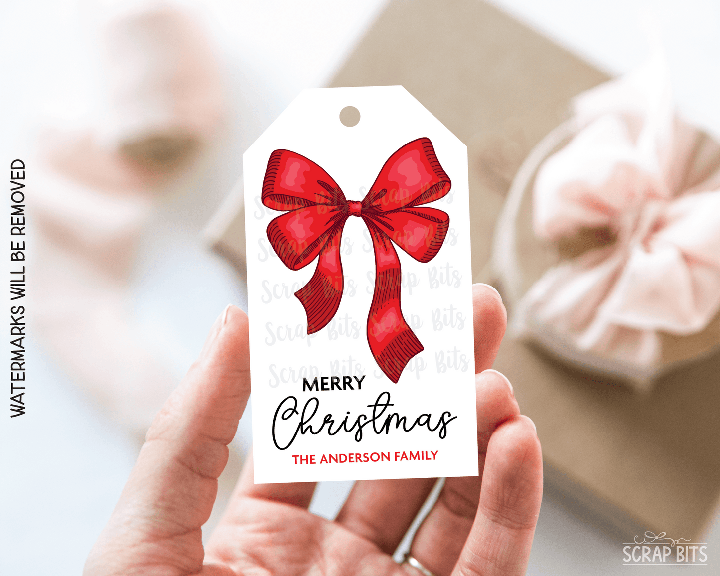 Red Bow Double Loop, Personalied Christmas Gift Tags - Scrap Bits