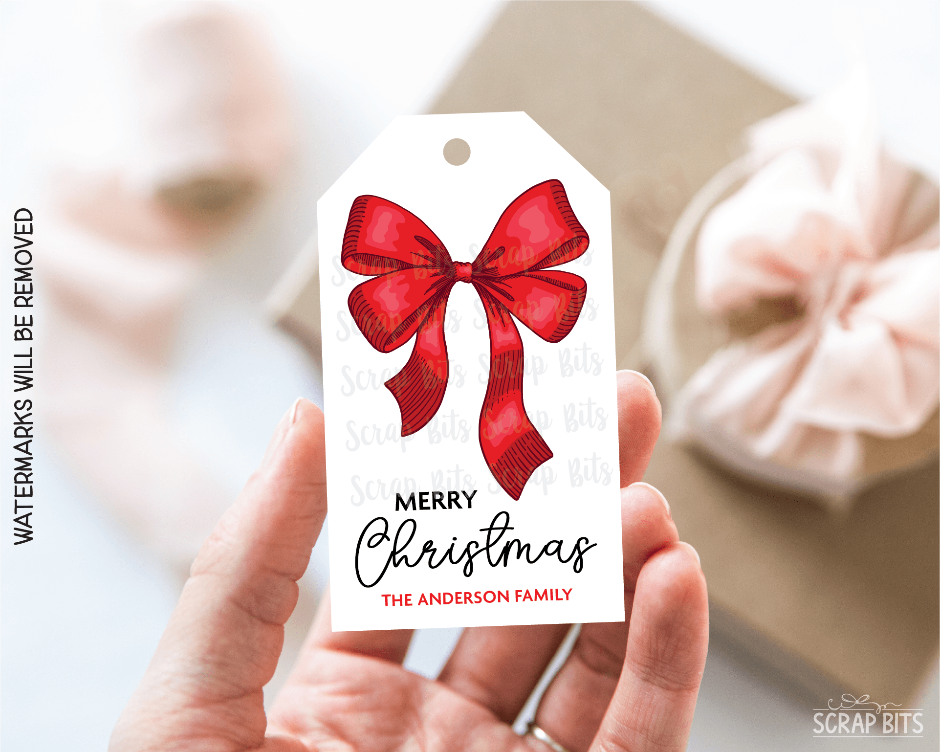 Red Bow Double Loop, Personalied Christmas Gift Tags - Scrap Bits