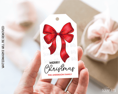 Red Bow Double Loop, Personalied Christmas Gift Tags - Scrap Bits
