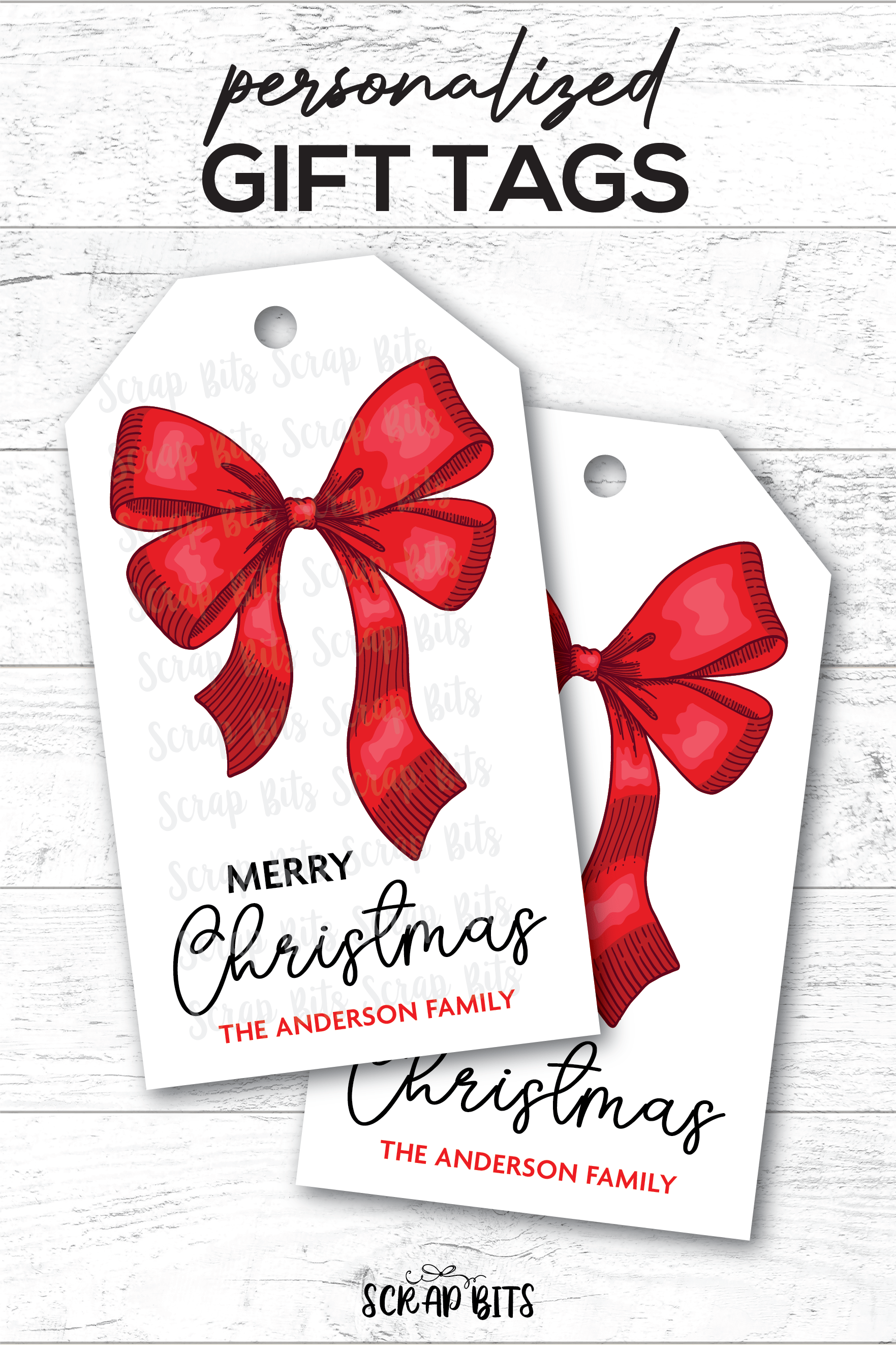 Red Bow Double Loop, Personalied Christmas Gift Tags - Scrap Bits