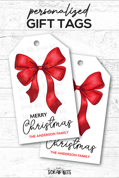 Red Bow Double Loop, Personalied Christmas Gift Tags - Scrap Bits