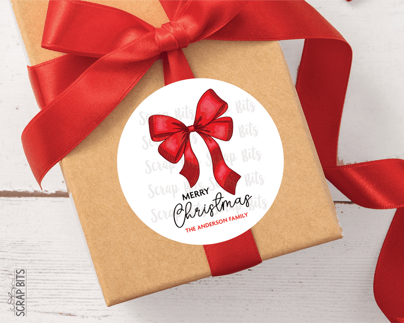 Red Bow Double Loop, Personalized Christmas Stickers or Tags - Scrap Bits