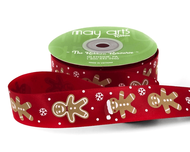 Red Gingerbread Man Christmas Print Satin Ribbon. 5 yards (15 feet) . 1" inch - Scrap Bits