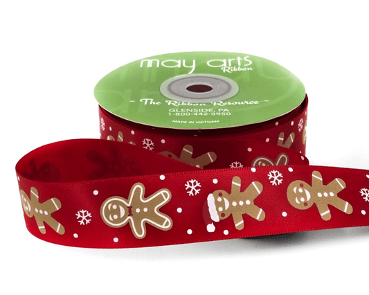 Red Gingerbread Man Christmas Print Satin Ribbon. 5 yards (15 feet) . 1" inch - Scrap Bits