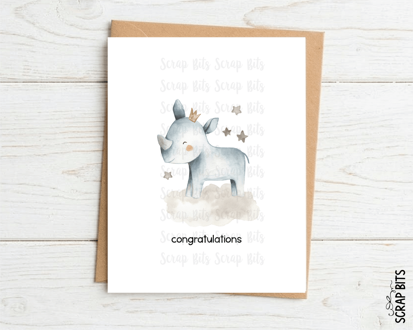 Rhino New Baby Card, Congratulations Watercolor Safari Baby Shower Card - Scrap Bits