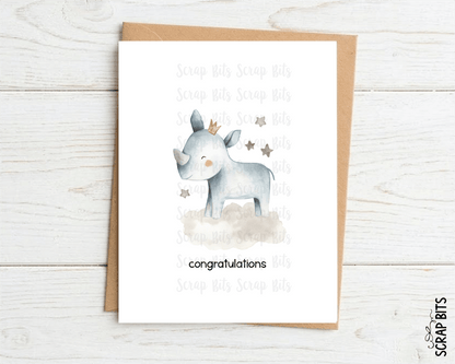 Rhino New Baby Card, Congratulations Watercolor Safari Baby Shower Card - Scrap Bits