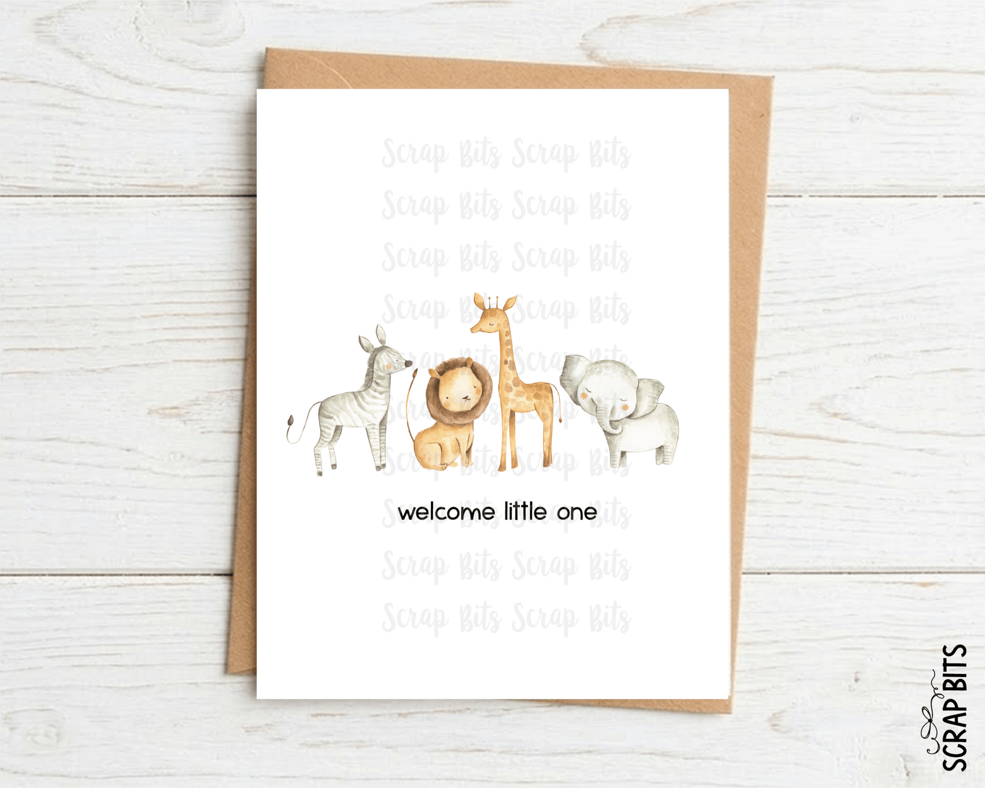 Safari Animals New Baby Card, Welcome Little One Watercolor Safari Baby Shower Card - Scrap Bits