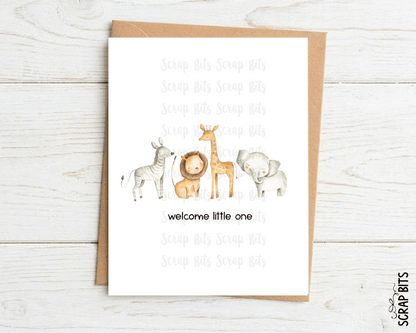 Safari Animals New Baby Card, Welcome Little One Watercolor Safari Baby Shower Card - Scrap Bits
