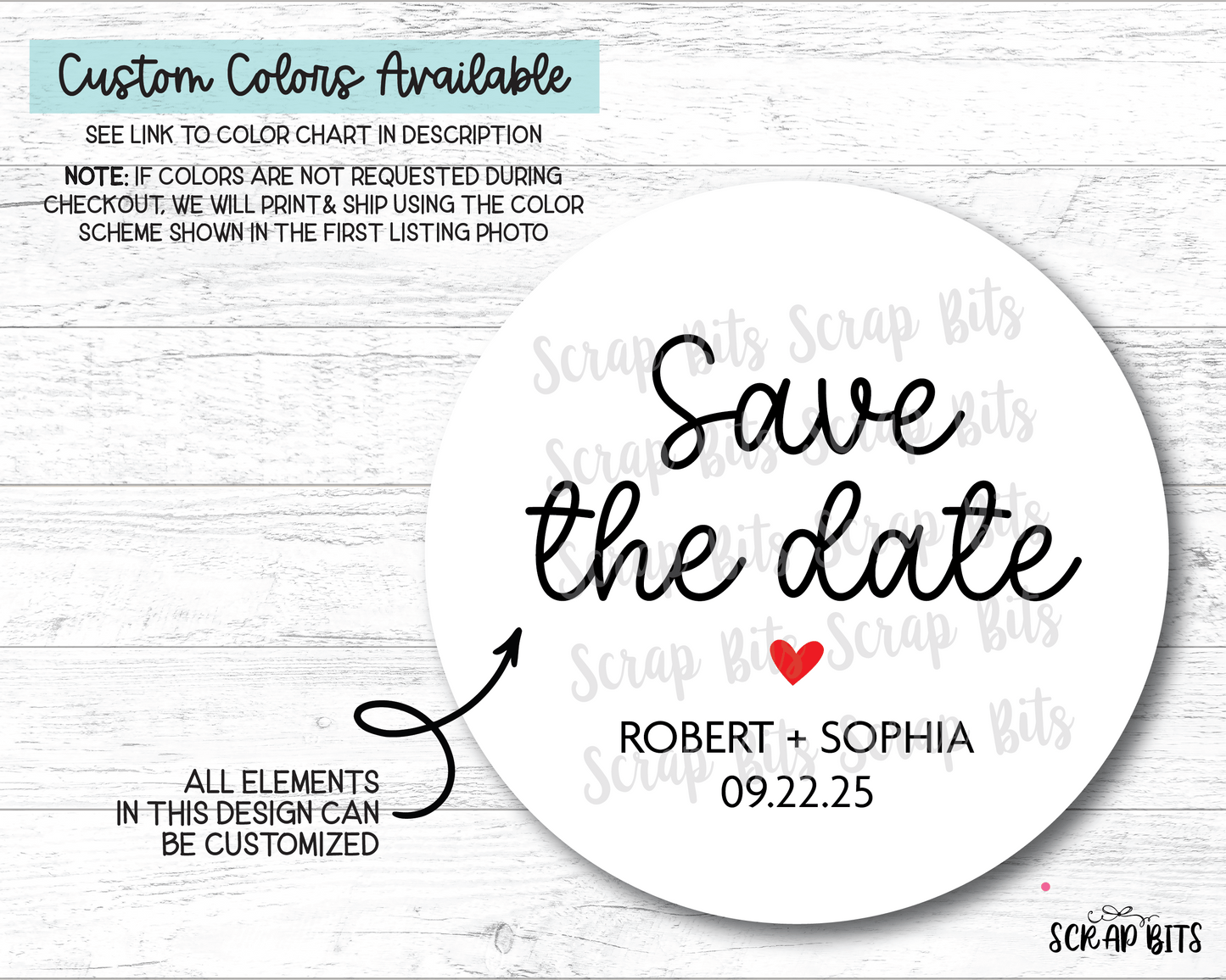 Save The Date Stickers, Small Heart Personalized Envelope Seals or Tags - Scrap Bits