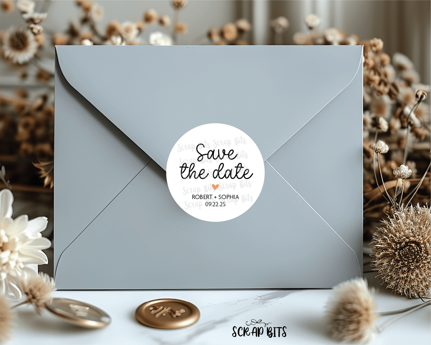 Save The Date Stickers, Small Heart Personalized Envelope Seals or Tags - Scrap Bits