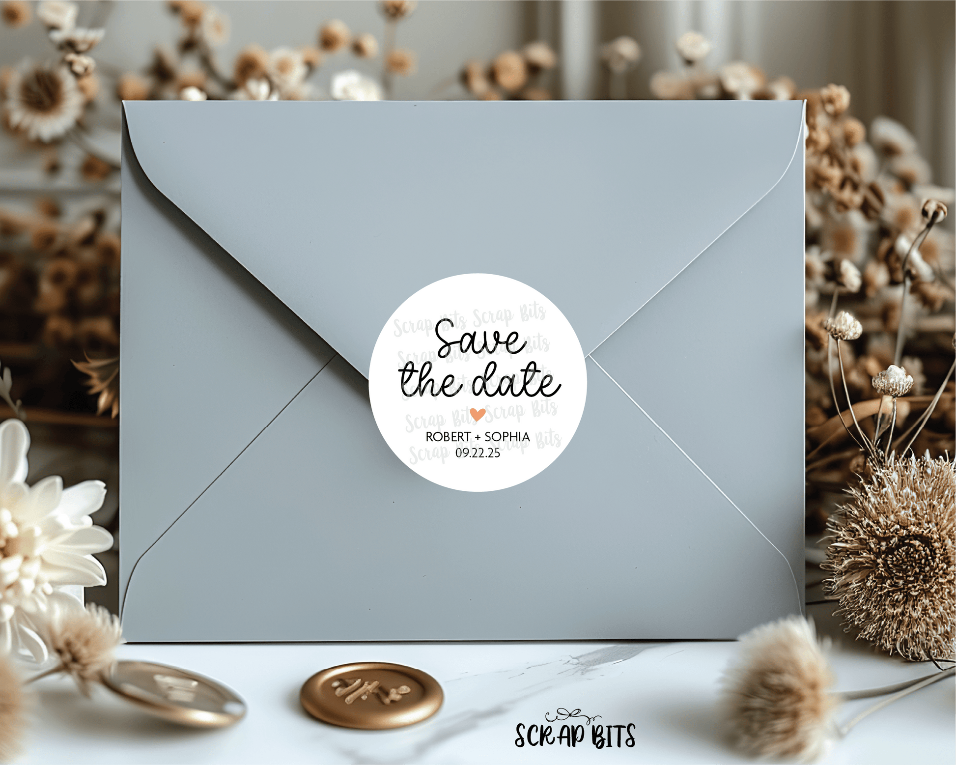 Save The Date Stickers, Small Heart Personalized Envelope Seals or Tags - Scrap Bits