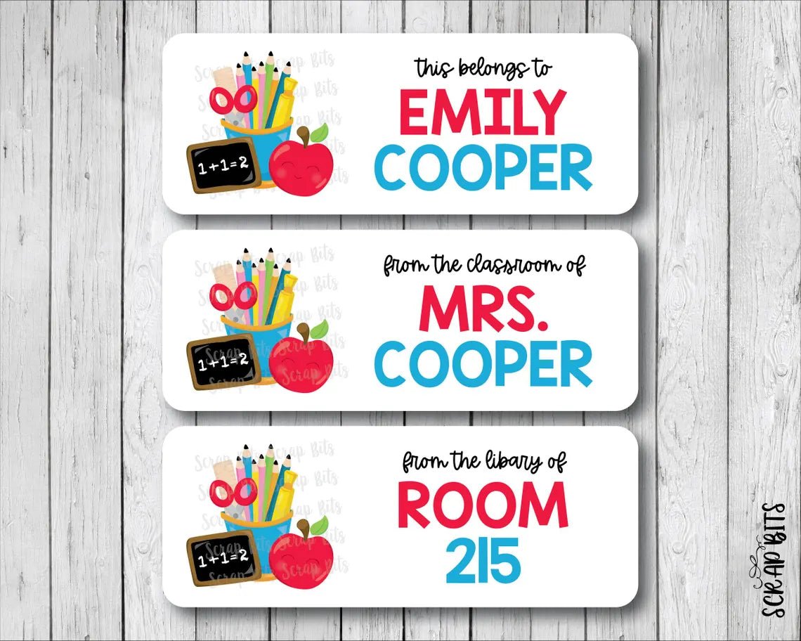 School Supplies Name Labels, Apple, Pencil Cup & Chalkboard . Personalized Belonging Labels - Scrap Bits