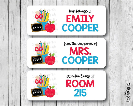 School Supplies Name Labels, Apple, Pencil Cup & Chalkboard . Personalized Belonging Labels - Scrap Bits