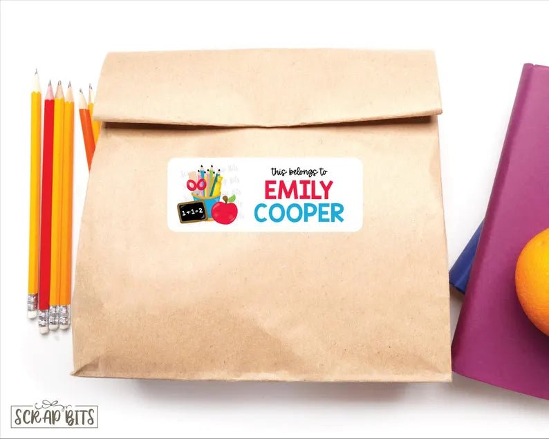School Supplies Name Labels, Apple, Pencil Cup & Chalkboard . Personalized Belonging Labels - Scrap Bits