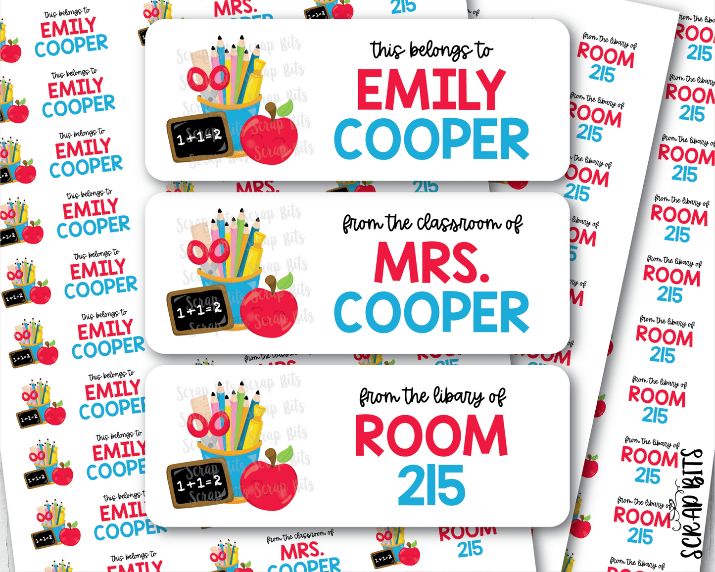 School Supplies Name Labels, Apple, Pencil Cup & Chalkboard . Personalized Belonging Labels - Scrap Bits