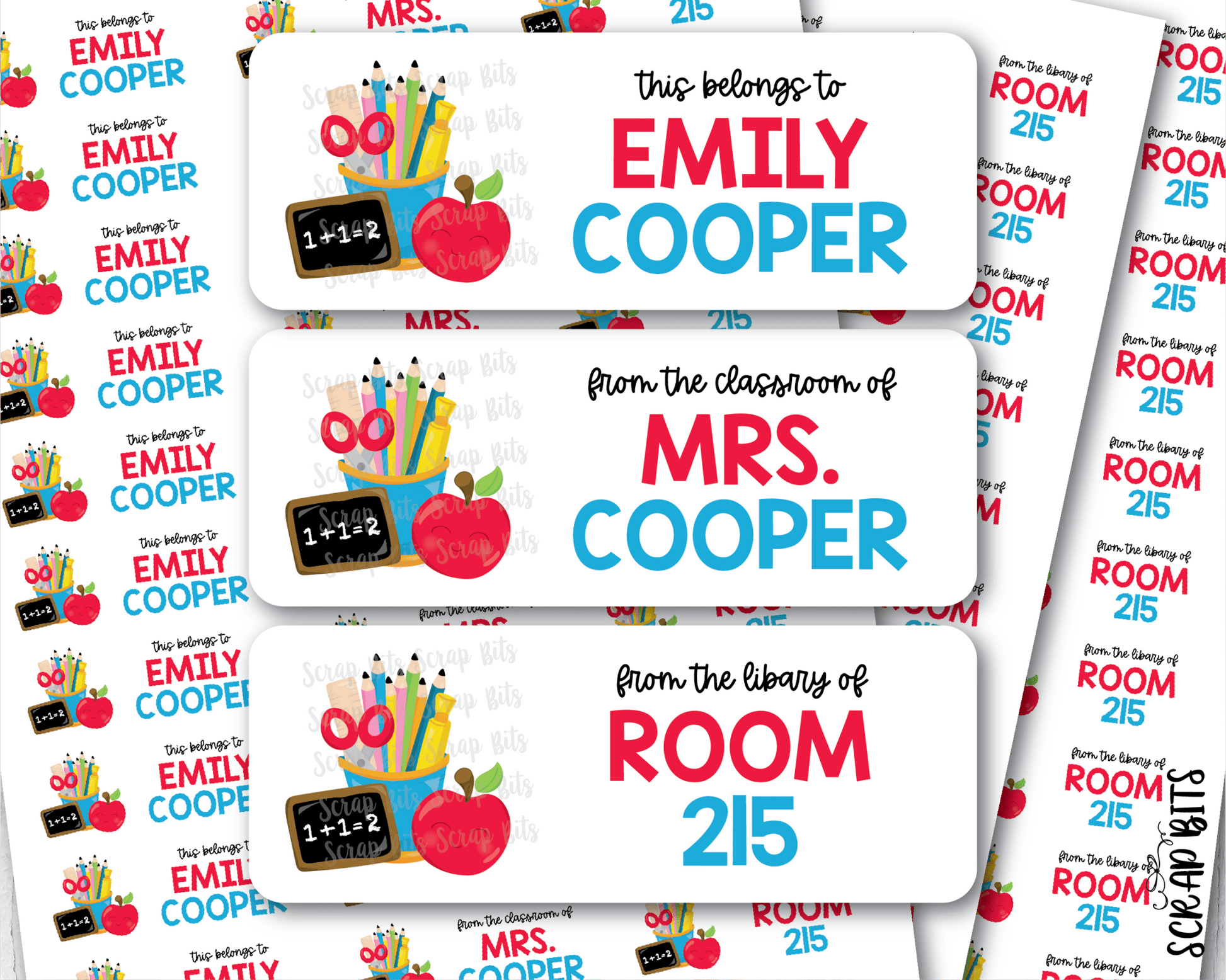 School Supplies Name Labels, Apple, Pencil Cup & Chalkboard . Personalized Belonging Labels - Scrap Bits