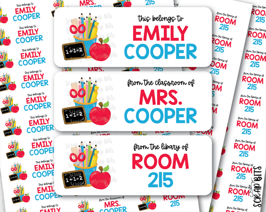 School Supplies Name Labels, Apple, Pencil Cup & Chalkboard . Personalized Belonging Labels - Scrap Bits
