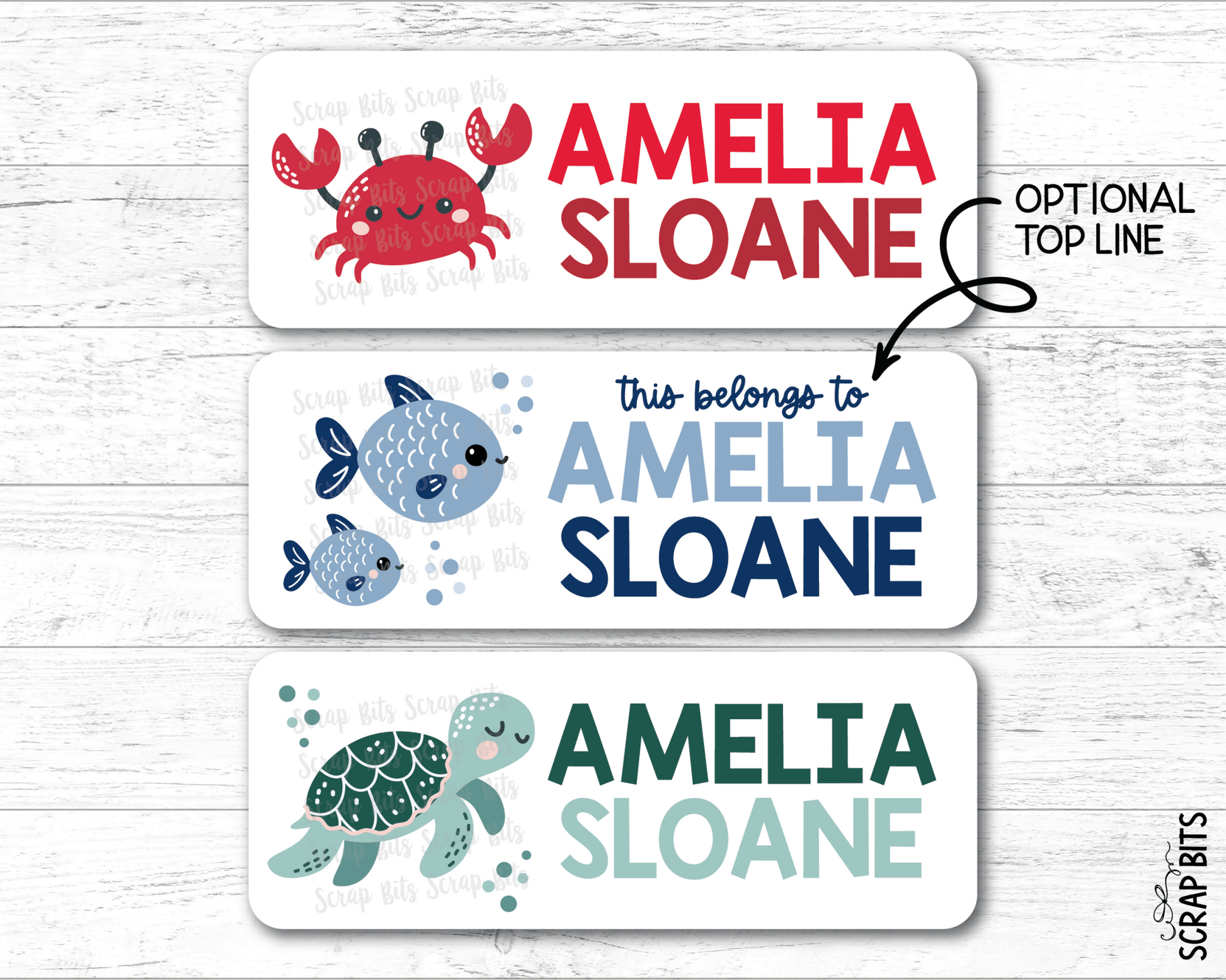 Sea Animals Name Labels, Crab, Turtle, Fish . Personalized Belonging Labels - Scrap Bits