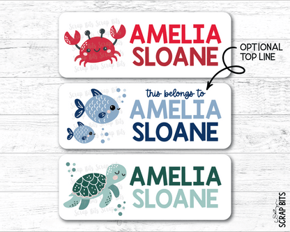 Sea Animals Name Labels, Crab, Turtle, Fish . Personalized Belonging Labels - Scrap Bits
