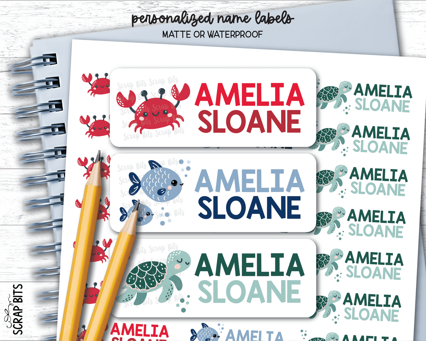 Sea Animals Name Labels, Crab, Turtle, Fish . Personalized Belonging Labels - Scrap Bits